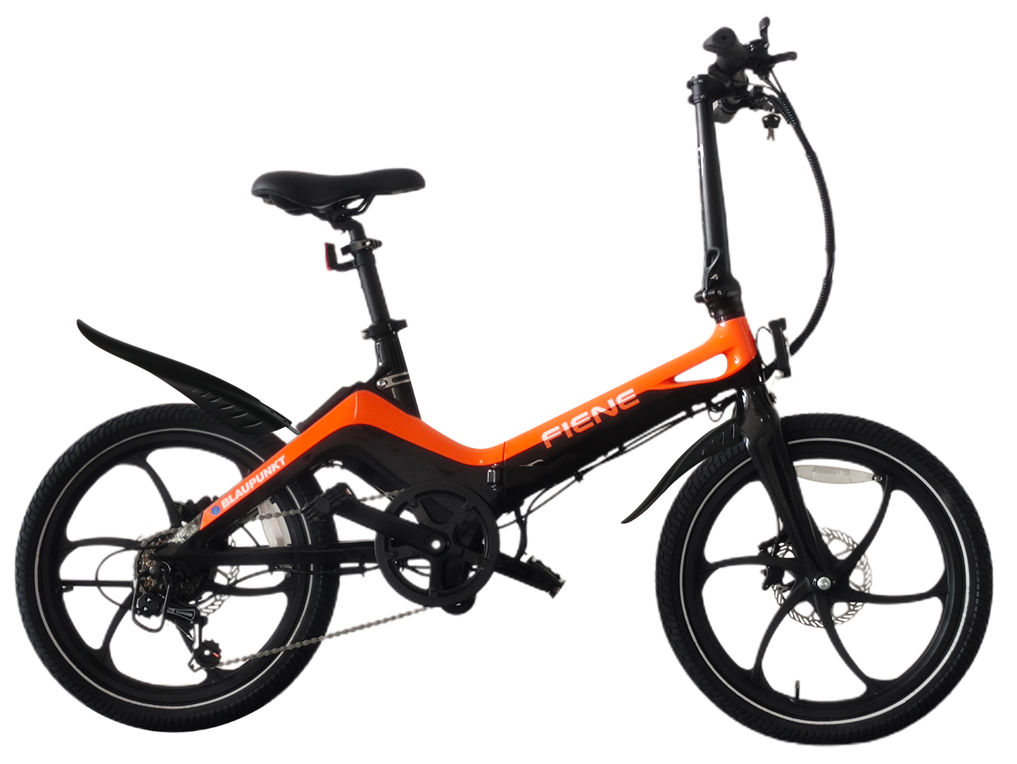Blaupunkt Fiene foldable electric bike in orange and black with a step-through frame, ergonomic handlebars, and a compact design.