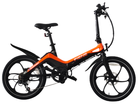 Blaupunkt Fiene foldable electric bike in orange and black with a step-through frame, ergonomic handlebars, and a compact design.