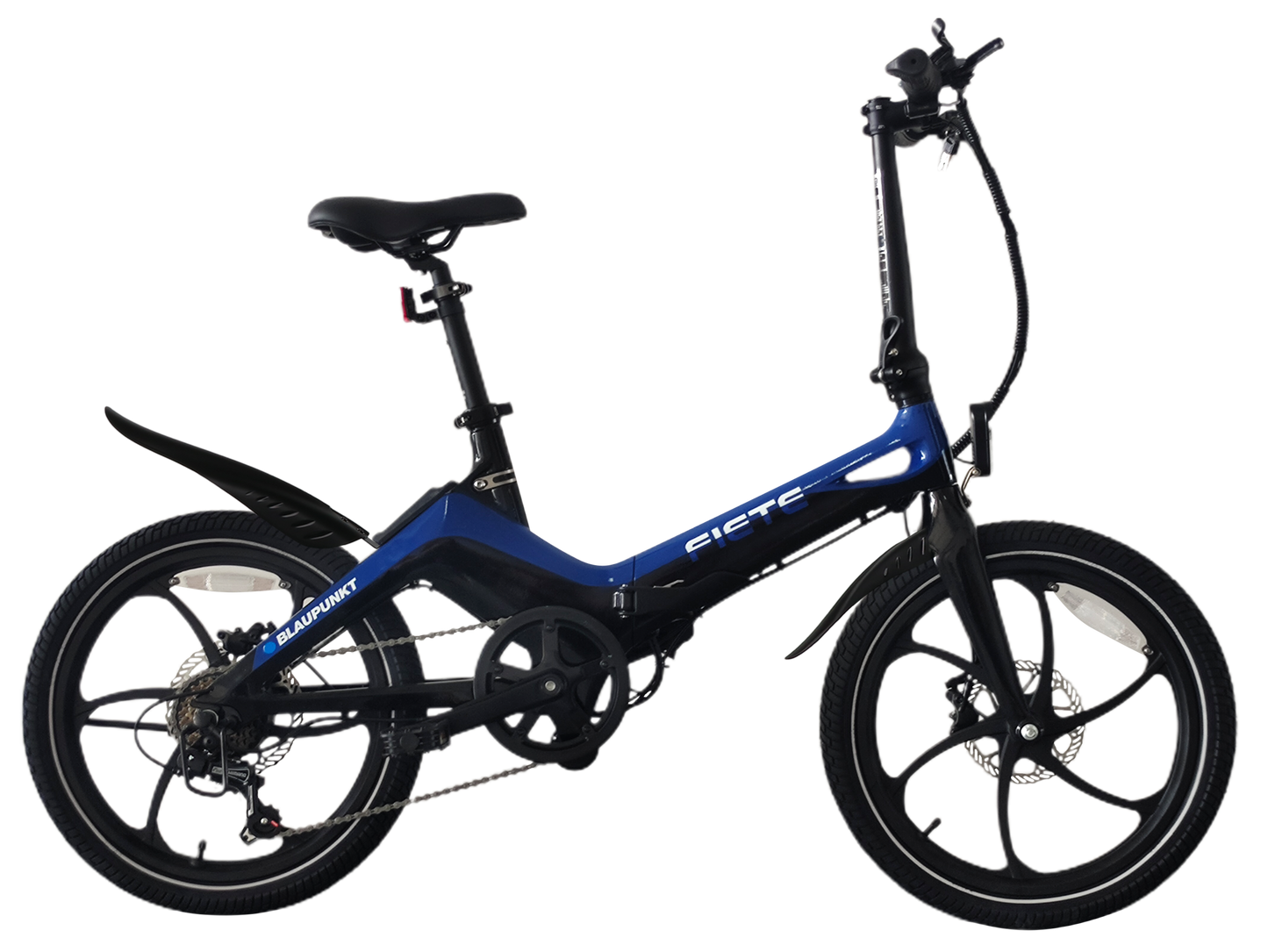 Blaupunkt Fiete foldable electric bike in blue and black, featuring a sleek magnesium frame, pedal and throttle assist.
