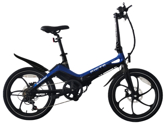 Blaupunkt Fiete foldable electric bike in blue and black, featuring a sleek magnesium frame, pedal and throttle assist.