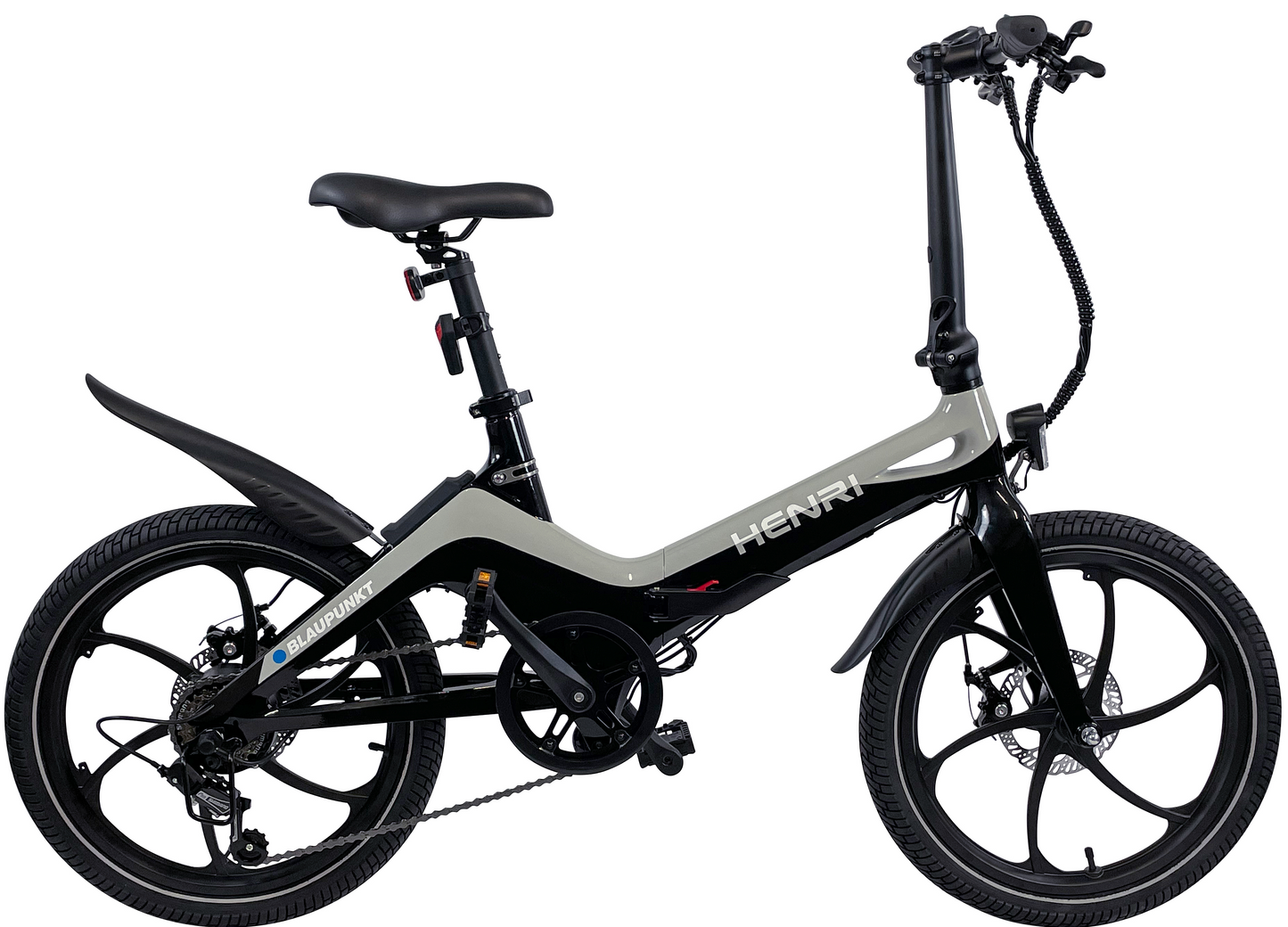 Blaupunkt Henri foldable electric bike in black and gray, with a sleek magnesium frame, compact foldable design, and stylish, durable build.
