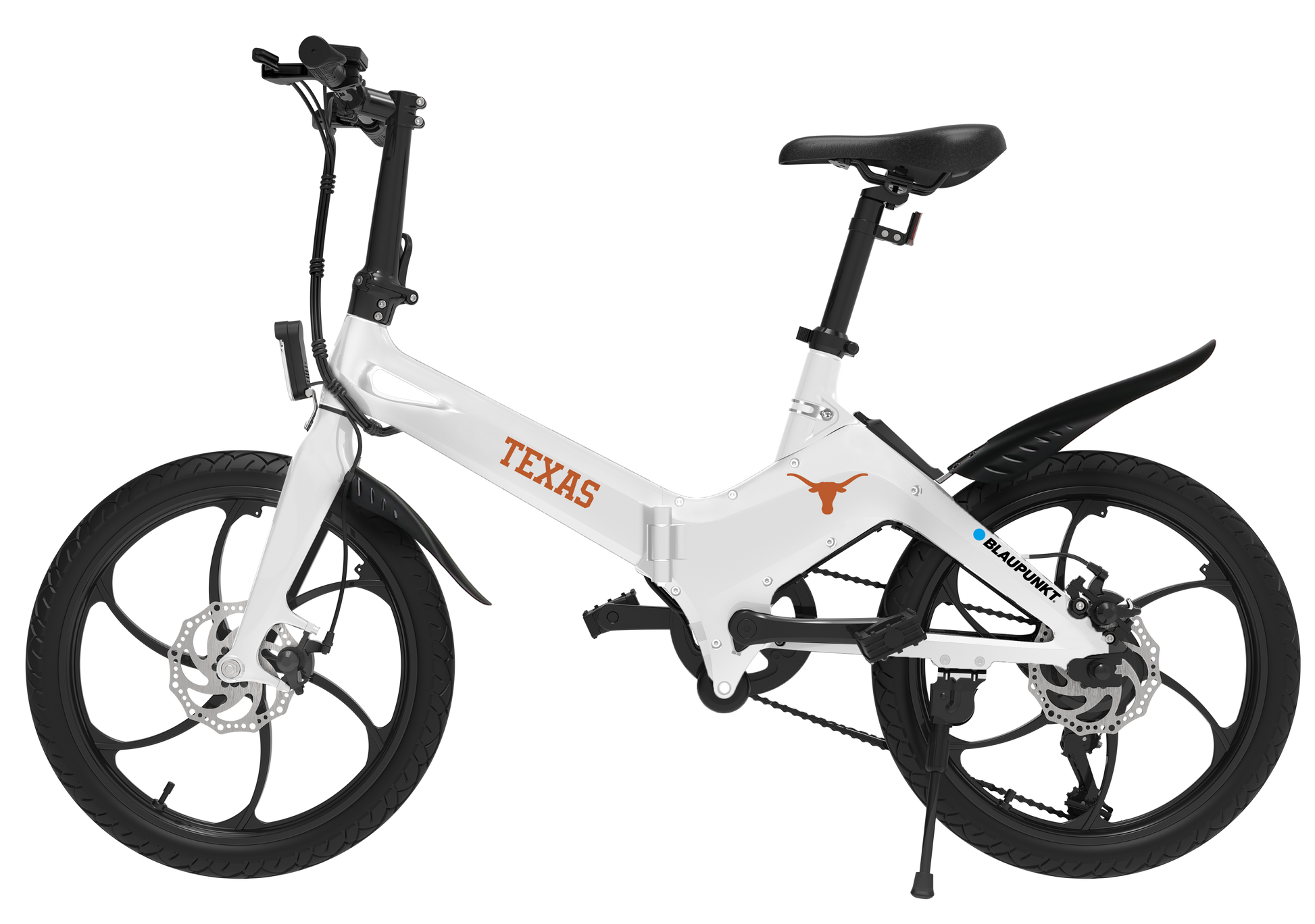 Limited Edition University of Texas Austin eBike White 350 watt motor and foldable frame | Blaupunkt eBikes Limited Edition University of Texas Austin eBike White 350 watt motor and foldable frame | Blaupunkt eBikes